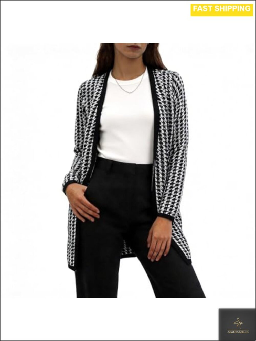 Open Front Houndstooth Knit Cardigan Longline Sweater for Women